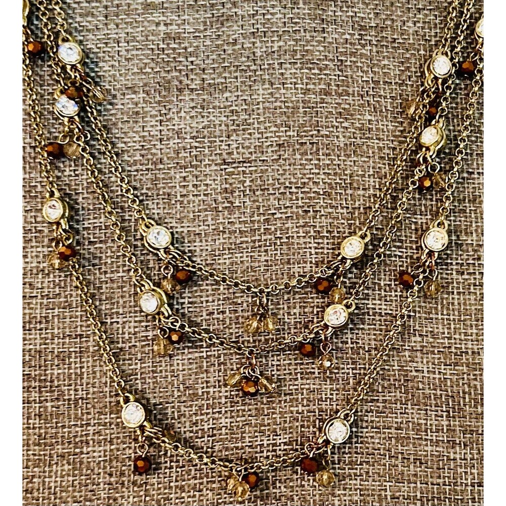 LOFT GOLD TONE 3 STRAND CRYSTALS 16”-19” NECKLACE CLEAR BEVELED/COPPER CRYSTALS